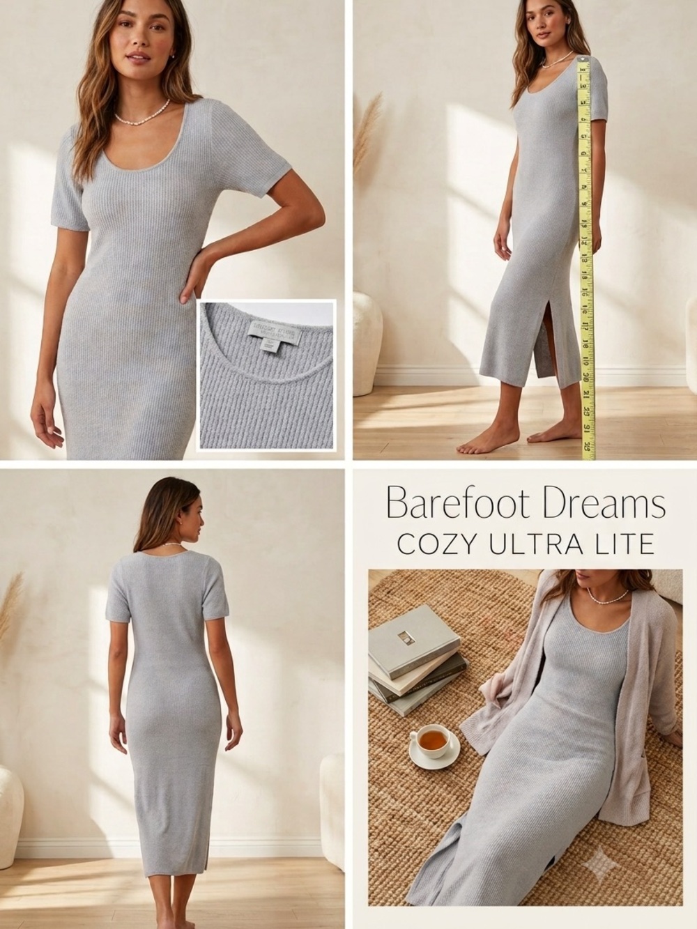 Barefoot Dreams CozyChic Ultra Lite SS‎ Light Gray Maxi Midi Dress Side Slits MP